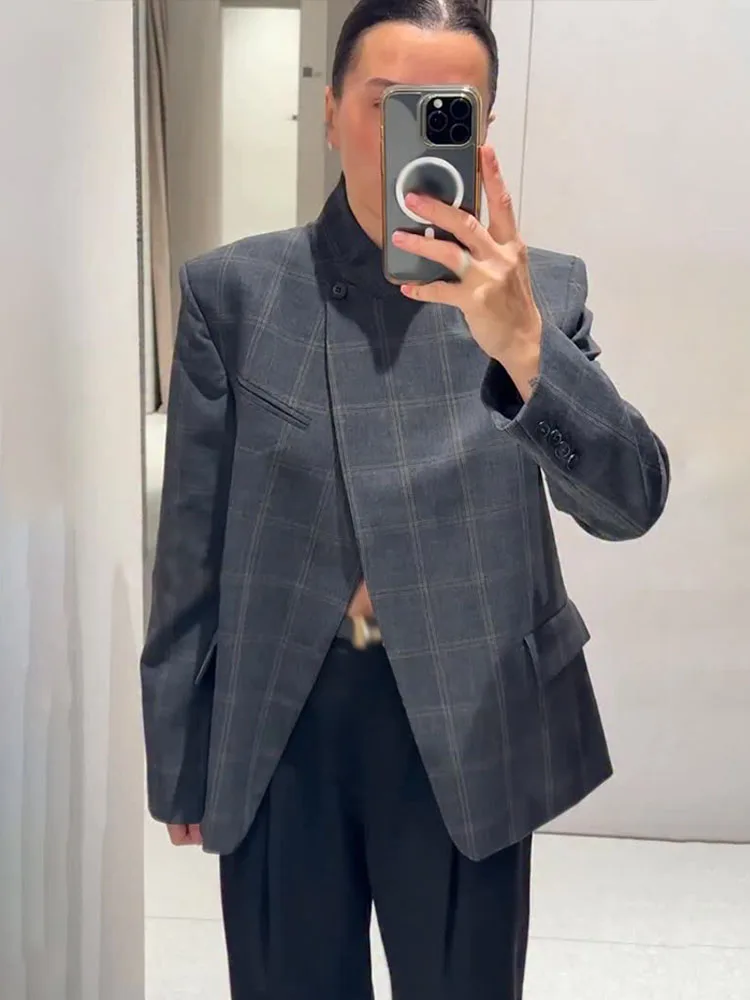 

HH Women's High Street Loose Long Sleeves Coats Grey Plaid Half Pockets Button Female Spring New Fashion Turtleneck Jackets