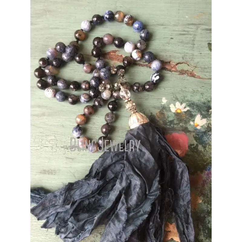 

Natural Fire Agate Bead Long Layered Necklace Black BoHo Sari Silk Tassel Goth Boho Jewelry Women Gothic Halloween Emo Collares