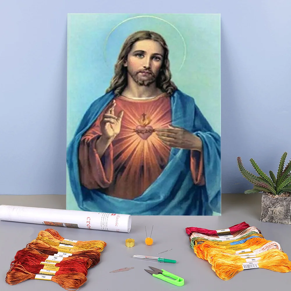 Region Jesus Printed Water-Soluble Canvas 11CT Cross Stitch Full Kit Embroidery DMC Threads Needlework Sewing     Needle