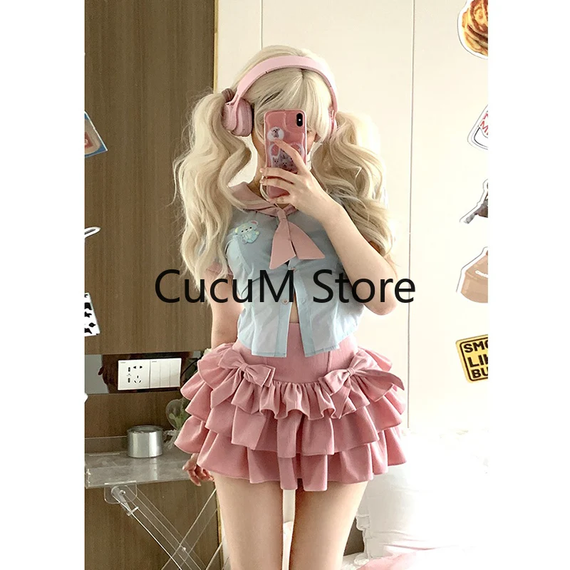 Kawaii Y2K Women 2 Pieces Sets Sweet Sexy Slim Sailor Collar Shirts Pink Mini Skirts Elegant Lolita Outfits 2023 Summer New