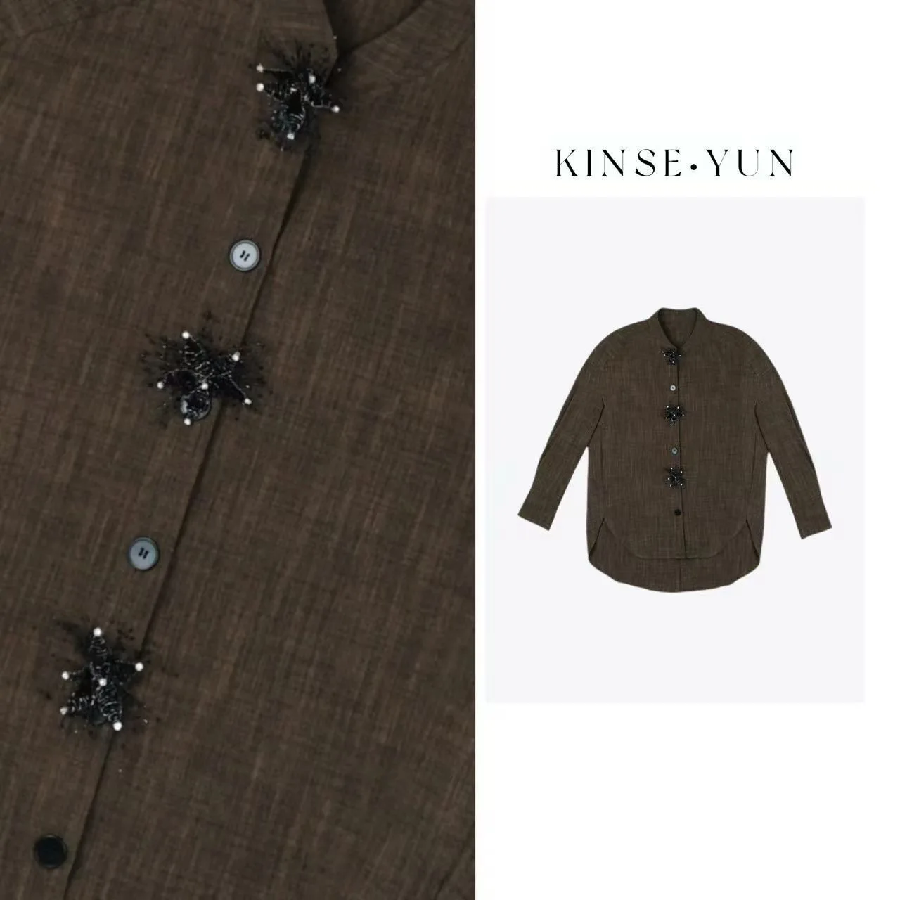 

KINSE·YUN Design Sensation Льняная рубашка с воротником-стойкой и длинным рукавом KSY778, женская, свободного кроя, дышащая, приятная к коже.