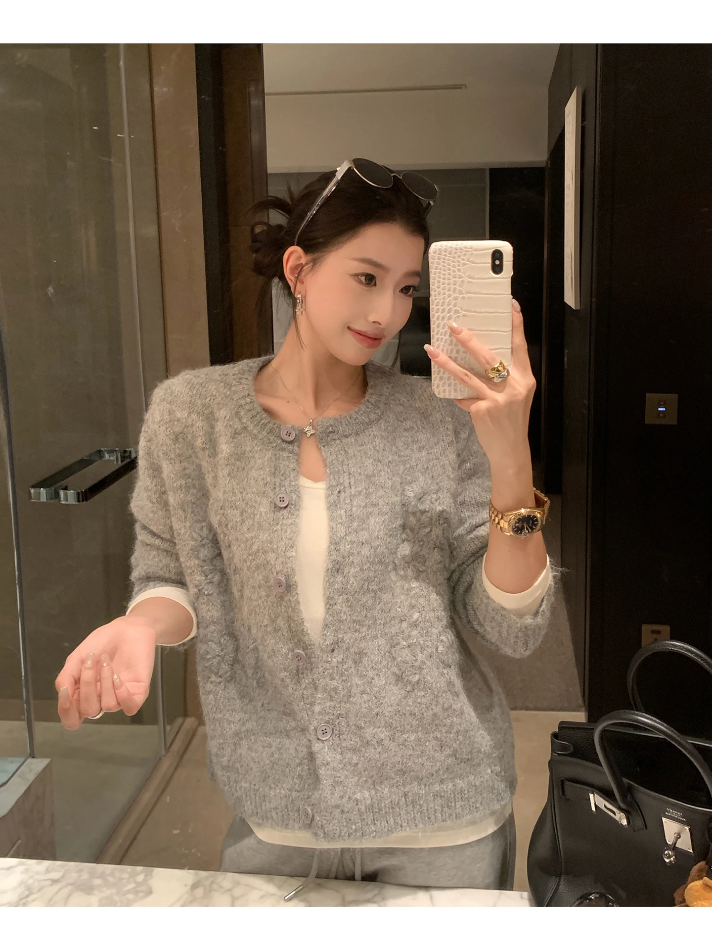 

EKOOL женский круглый вязаный свитер, кардиган, зимний свободный крой, шерстяной топ для похудения, удобный повседневный топ с 3D цветочным дизайном