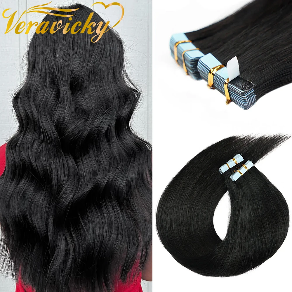 

Veravicky Hair Tape In Hair Extensions Natural Remy Human Hair Tiny Tapes 4x0.8cm Skin Weft 20pcs 16-24 inch For Thin Short Hair