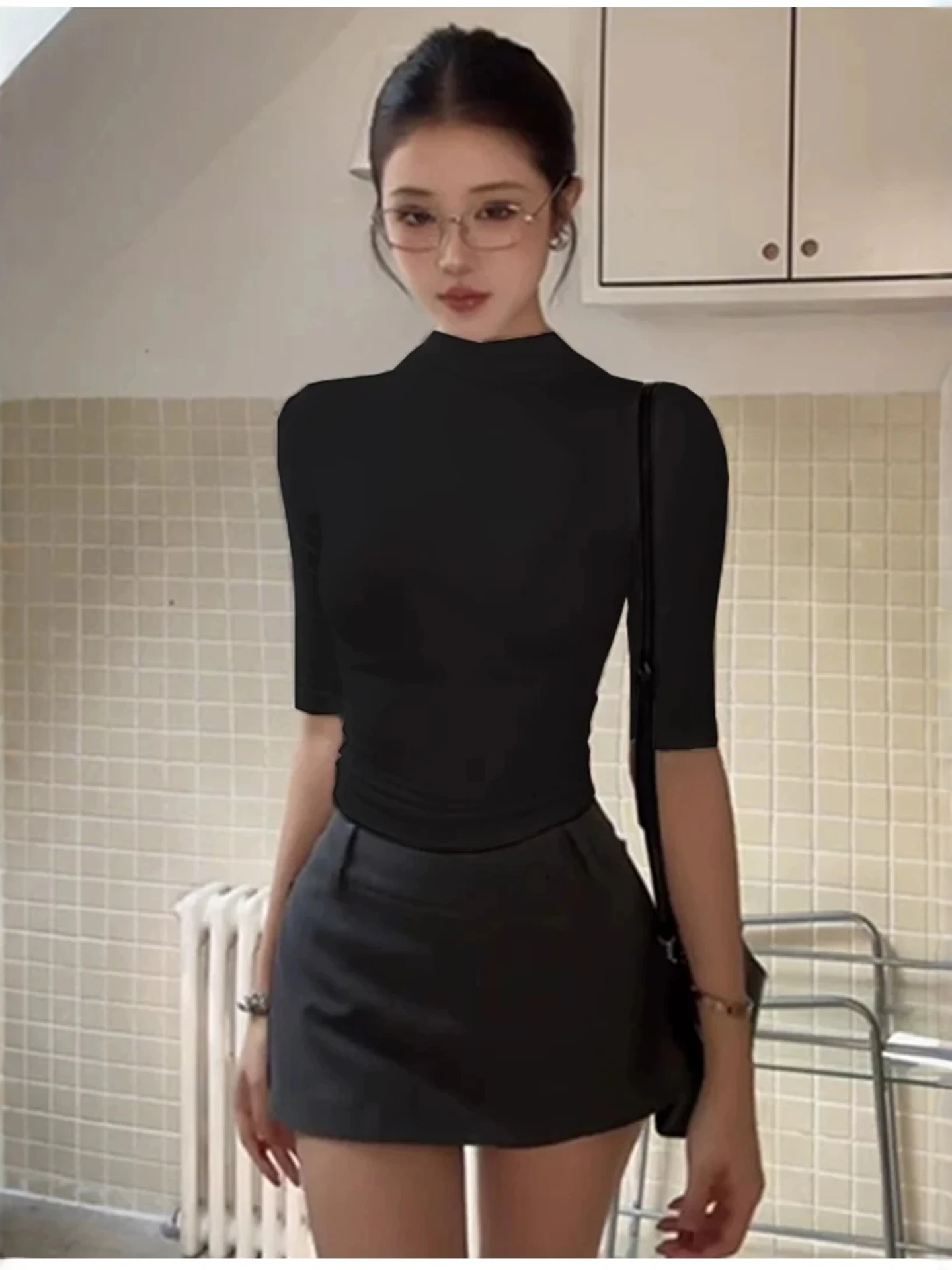 

Sensual Style Two-Piece Set Black High Collar Tight Sleeve T-Shirt Base Shirt Top Women's Wrap Short Skirt Fashion Set