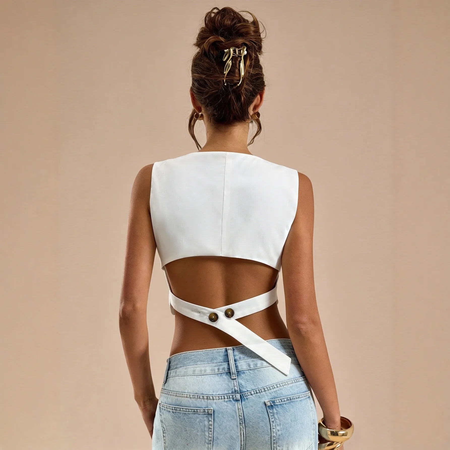 New Hot Style V Neck Sleeveless Top Women Back Cross Button Waist Slim Crop Vest - view 2