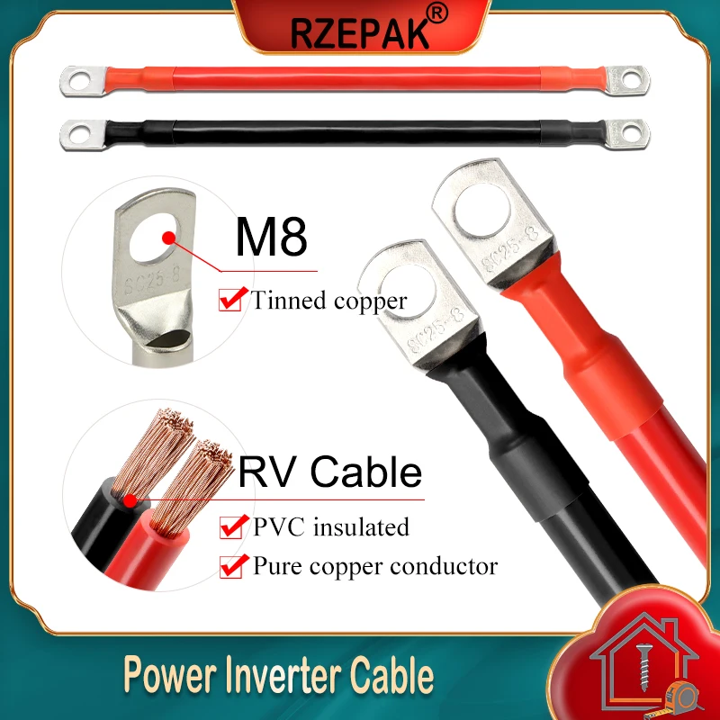 Battery Inverter Cable Set AWG 8 6 4 With M8 Lug Length 20~100cm RV Coppe PVC Insulated For Solar System UPS Car Connection Wire