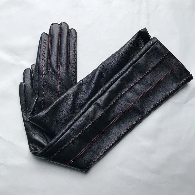 

Winter Women's Long Gloves Embroidered Sheepskin Gloves Warm Elbow Customize Black Thin lining Velvet Driving Gloves