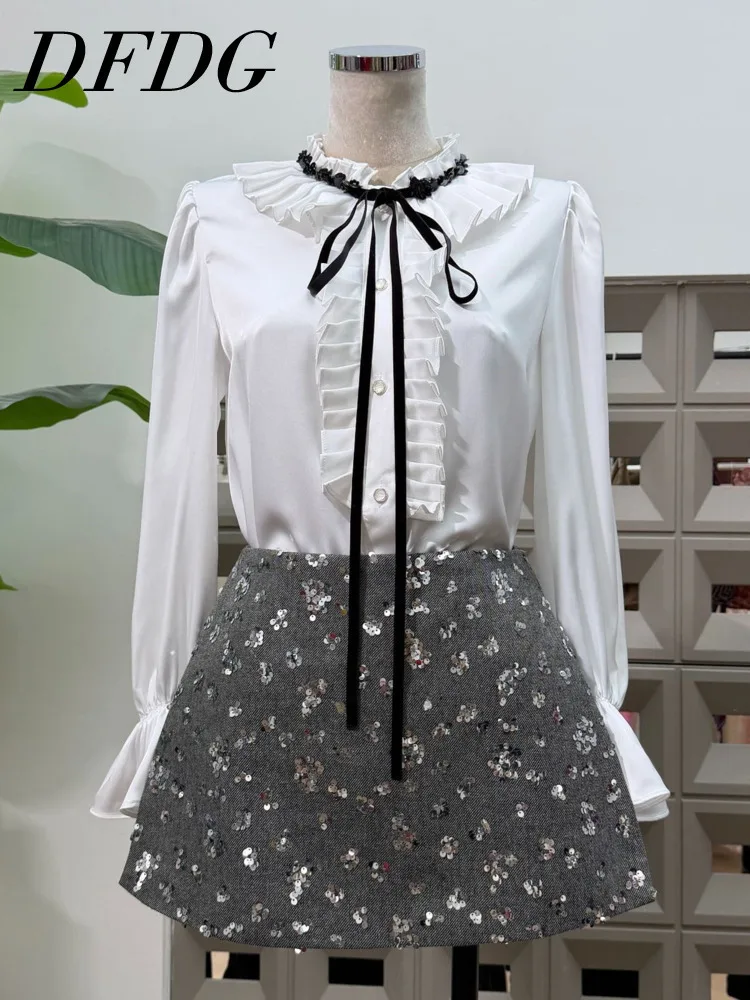 

DFDG Дизайнерский женский простой повседневный комплект Co-ord 2024, элегантная атласная плиссированная блузка с рюшами, серые твидовые брюки-кюлоты, весенне-осенний комплект