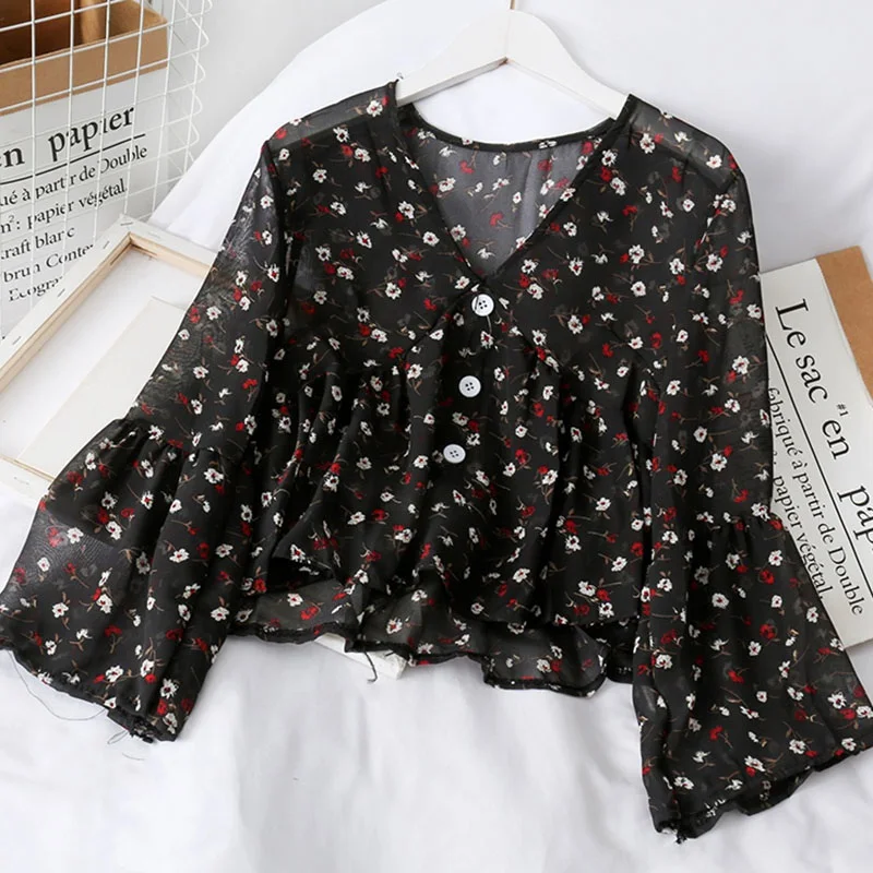 Women's  V Neck Floral Print Sweet Small Fresh Long Sleeves Chiffon Shirt Blouses