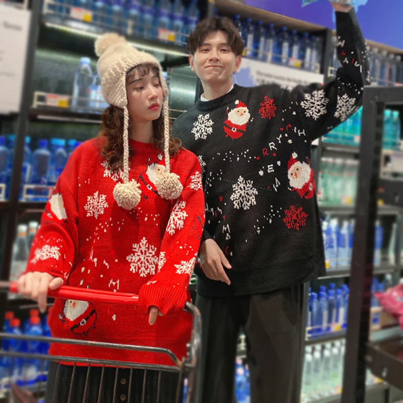 Christmas Knitted Sweaters for Family Couples Christmas Jacquard Jumpers Long Sleeve Warm Thicken Knitwear Sweater Pullover