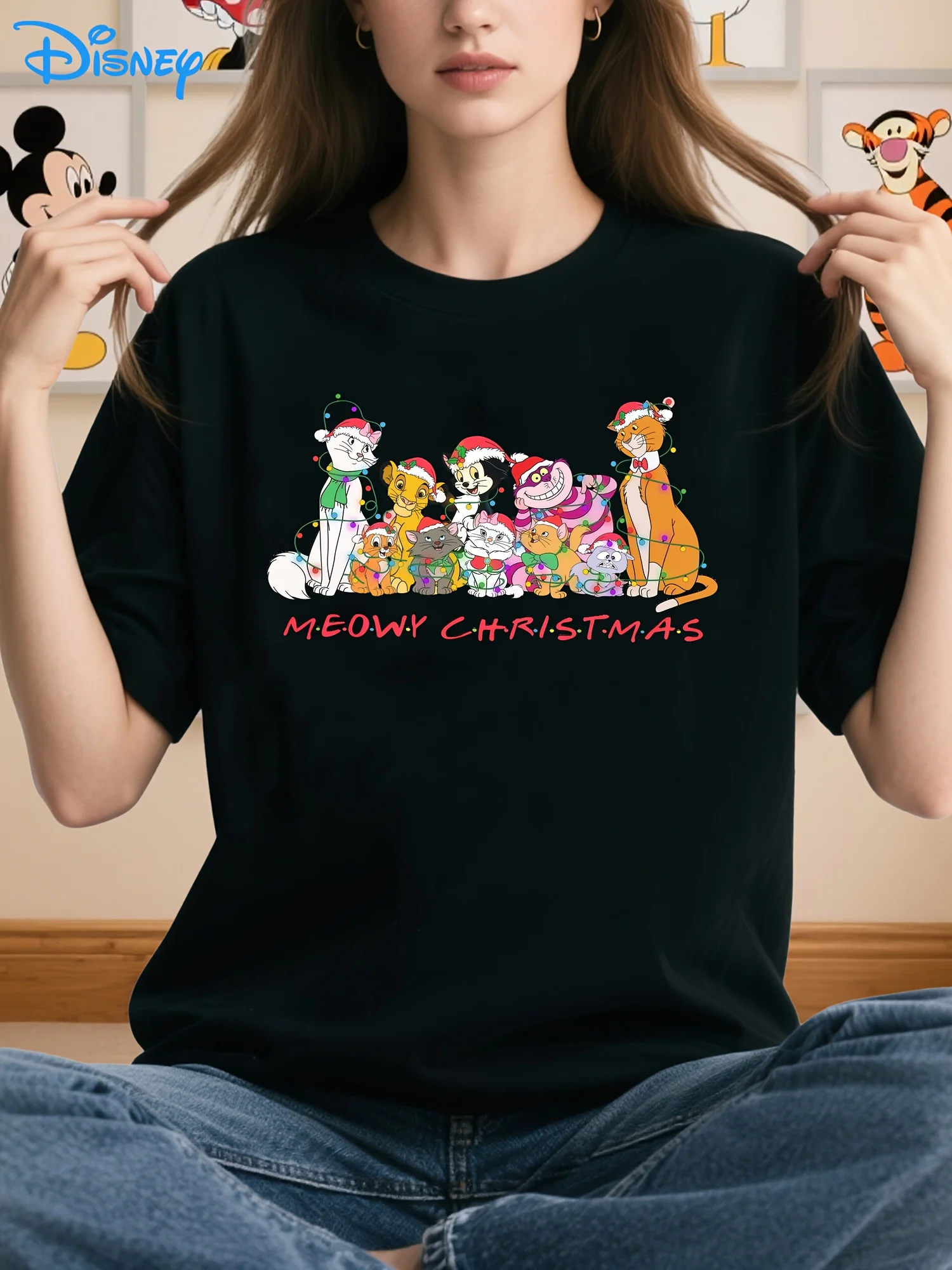 T-shirt grafica Disney Christmas Cats da donna - Top casual girocollo a maniche corte con design degli Aristogatti, Marie & Duchess