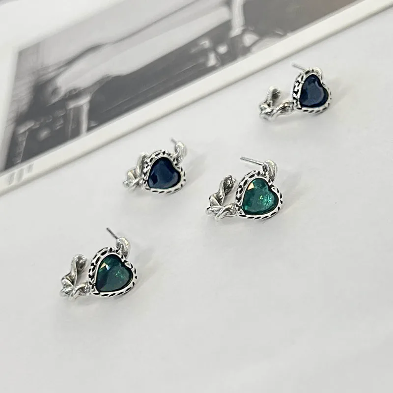 KOFSAC 2022 New Vintage Crystal Dark Green Blue Heart Earrings for Women Anniversary Gift 925 Silver Spiral Stud Jewelry