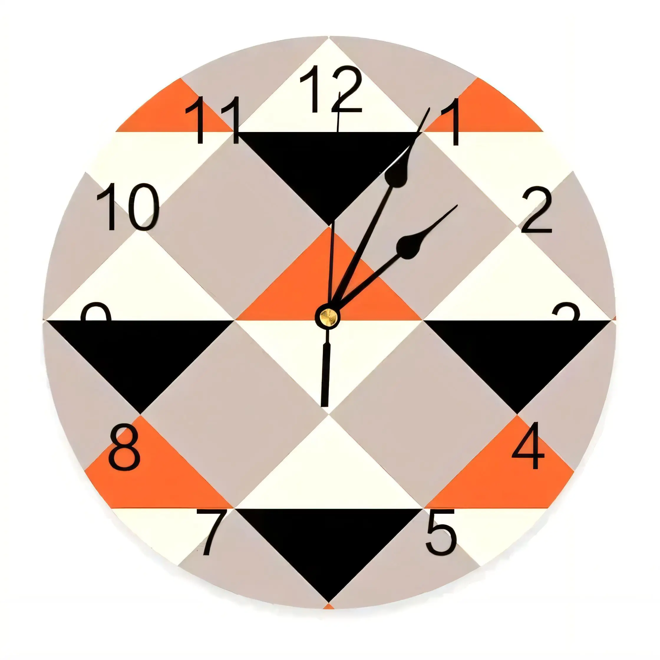 Modern Geometric  Wall Clock Silent Non Ticking Battery Operated with Black Orange Triangles for Home Decor Living Room