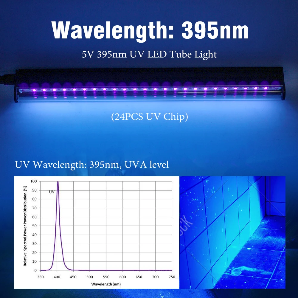 5V UV Black Light 10W UV T5 Tube 395nm Suitable for Halloween Cabinet Stage Party Decoration Black Light