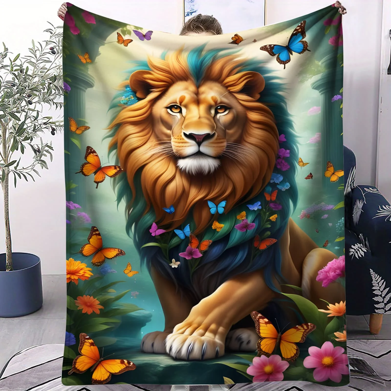 

Floral Butterfly Forest Lion Blanket Romantic-style fleece throw vibrant for Cozy warm decor gift with colorful flora background