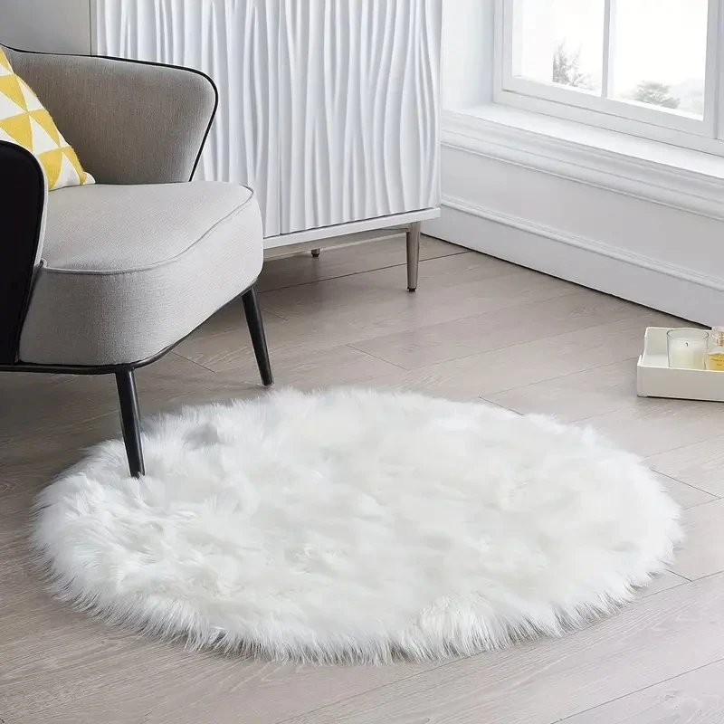 Fur Faux White and Black Round Rugs Soft Warm Artificial Wool Carpets for Living Room Bedroom