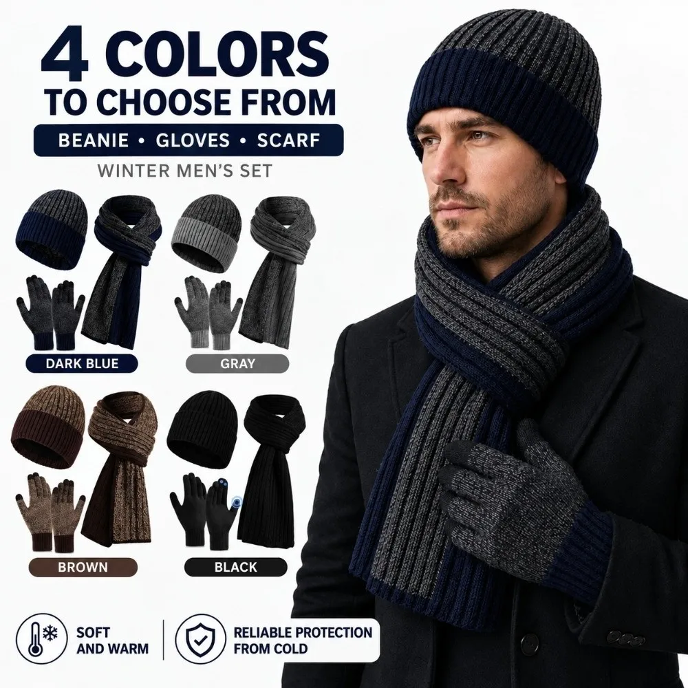 3Pcs/Set Casual Warm Winter Hat Scarf Gloves Set Non Slip Thicken Scarf Neck Warmer Suit Soft Lining Touchscreen Gloves for Men