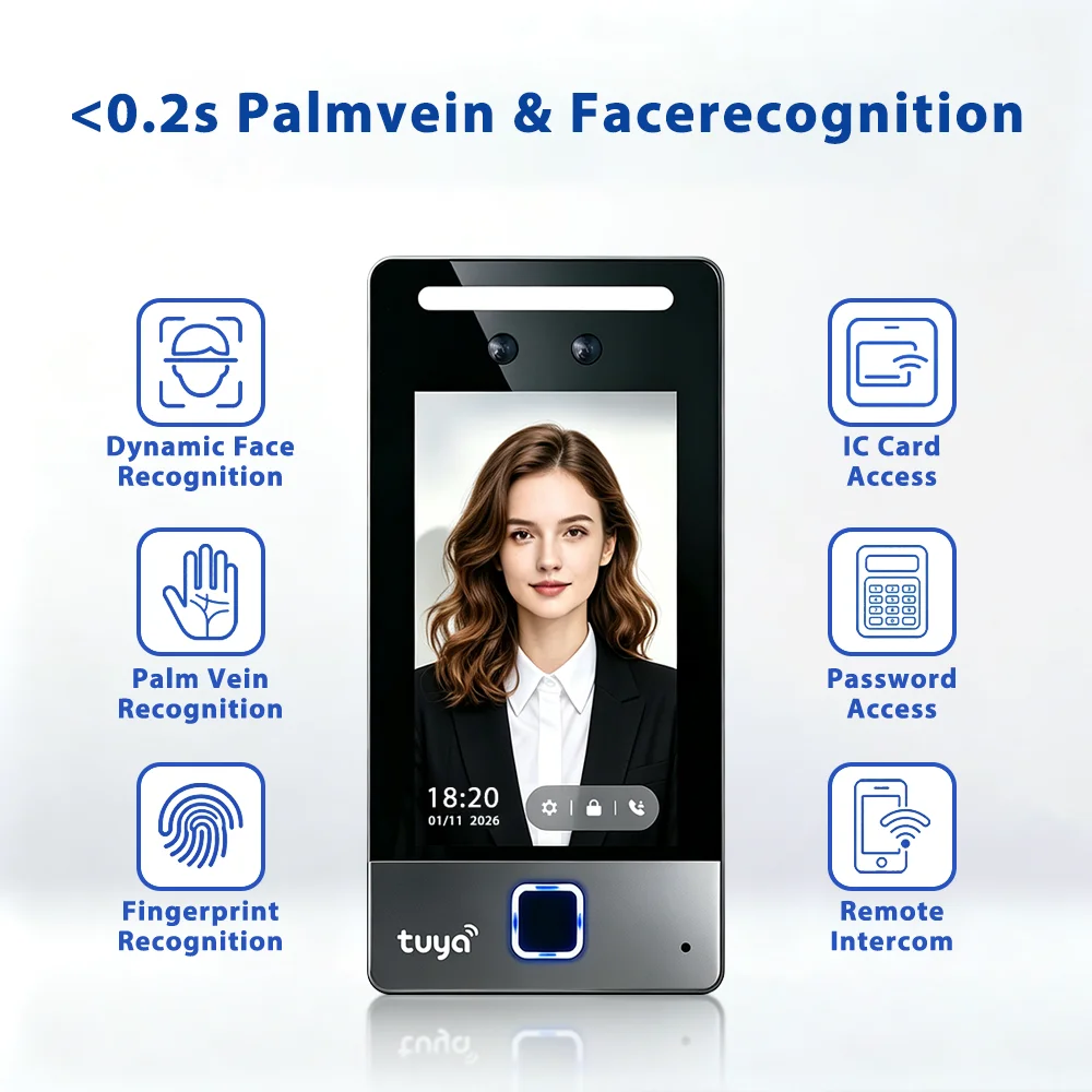 Tuya WiFi Smart Access Control Terminal, 3D Dynamic Face & Palm Vein Recognition, Video Intercom Remote Unlock, IP65 Waterproof