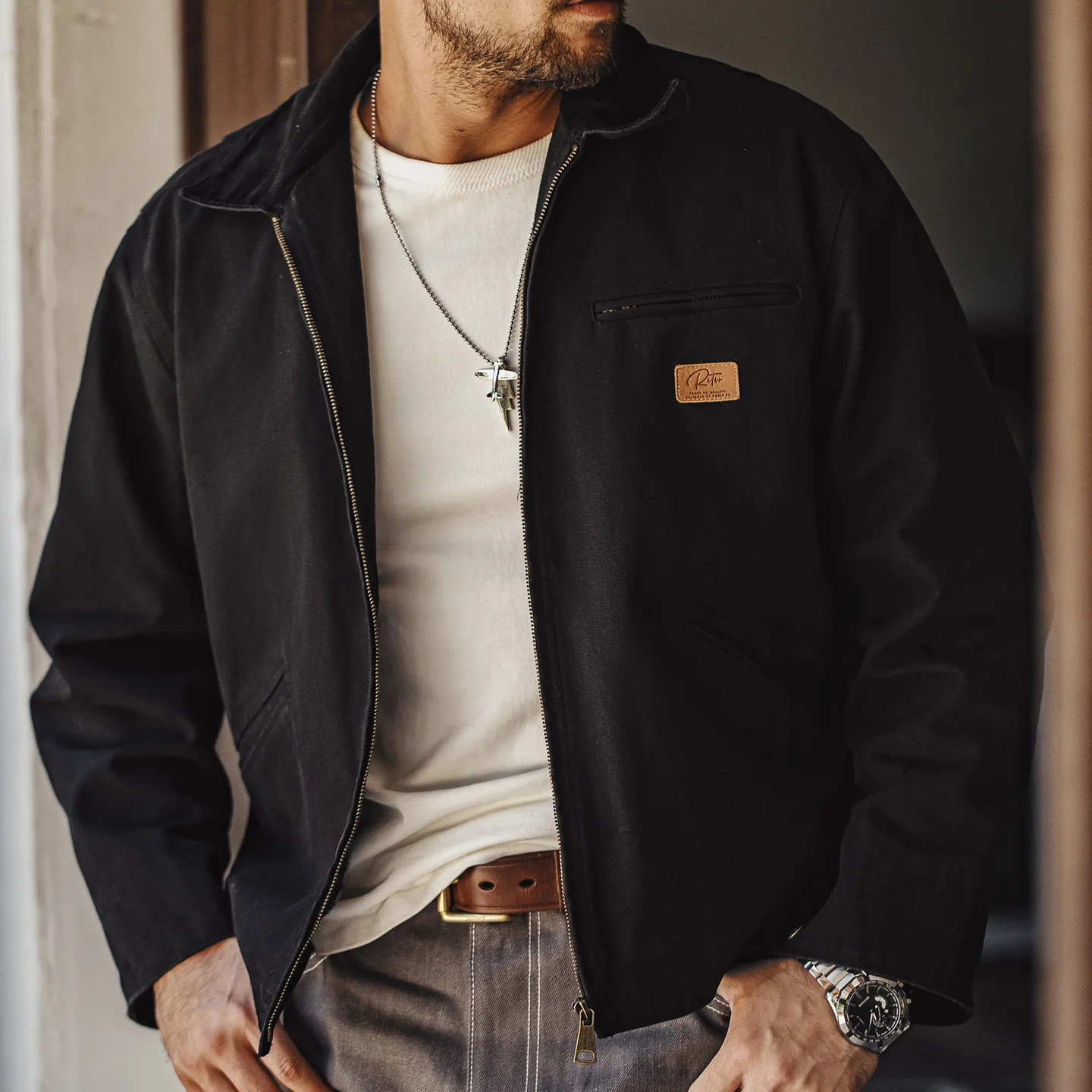 Maden Vintage Men's J001 Detroit Jacket Lapel Collar Warm Quilted Work jacket Heavyweight Cotton Safari Coat for Autumn Winter