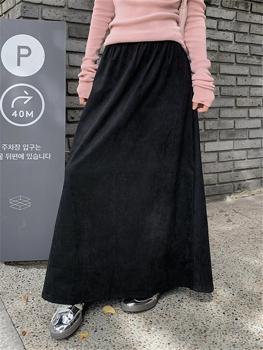 

Alien Kitty Suede Fabric Women A-Line Long Skirts Chic Autumn Vintage High Waist Loose 2023 Office Lady Streetwear New Slim