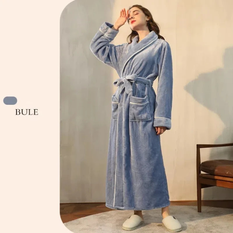 New Winter Autumn Robe Long Nightgown with Pocket Men Shower Robe Home Clothes Bathrobe Gown Warm Flannel Sleepwear Women