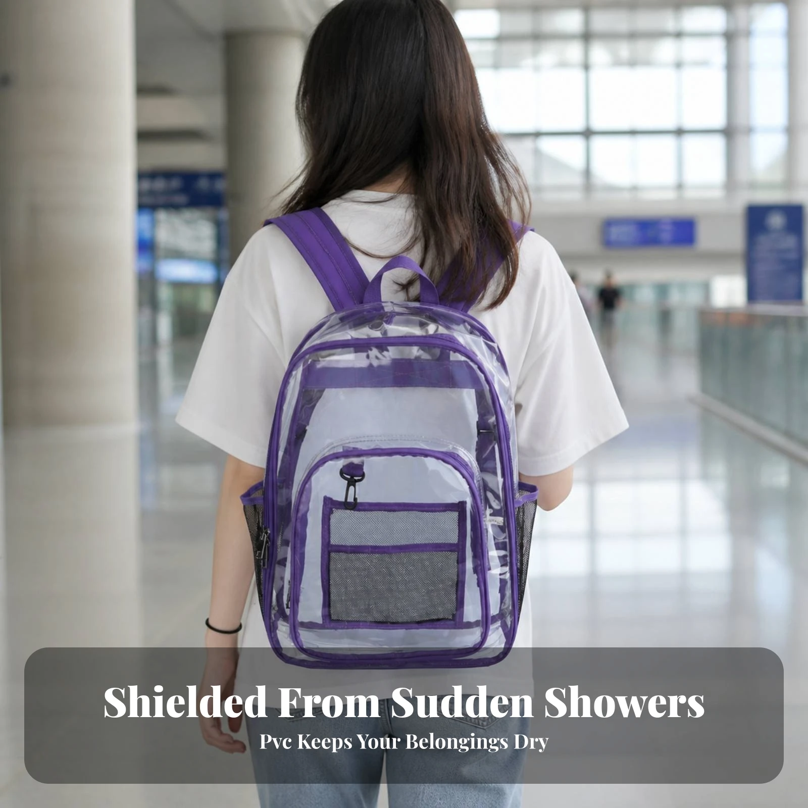 Clear Bookbag Water-Resistant Clear Backpack with Laptop Compartment Transparent Daypack with Mesh Pockets Multi-Pocket