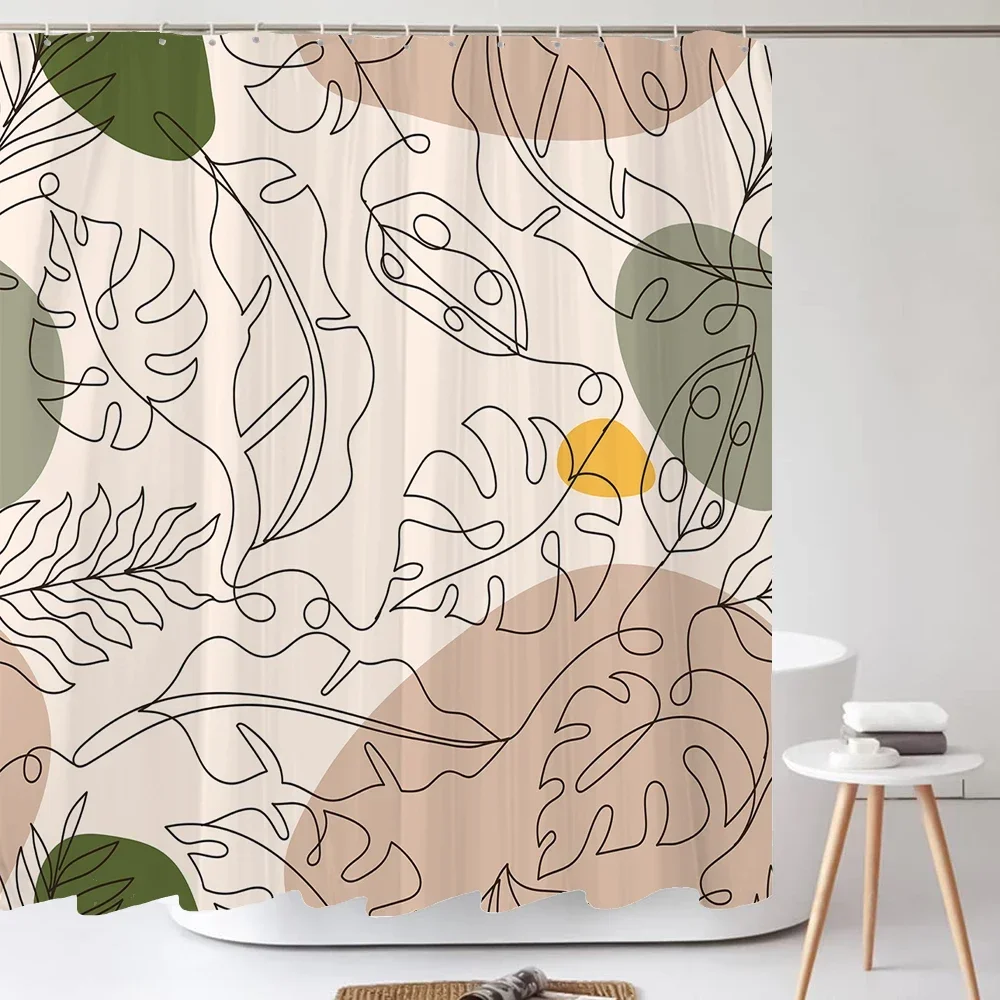 Abstract Geometric Monstera Leaf Shower Curtain Boho Tropical Line Art Plant Print Waterproof Fabric Bathroom Curtain With Hooks