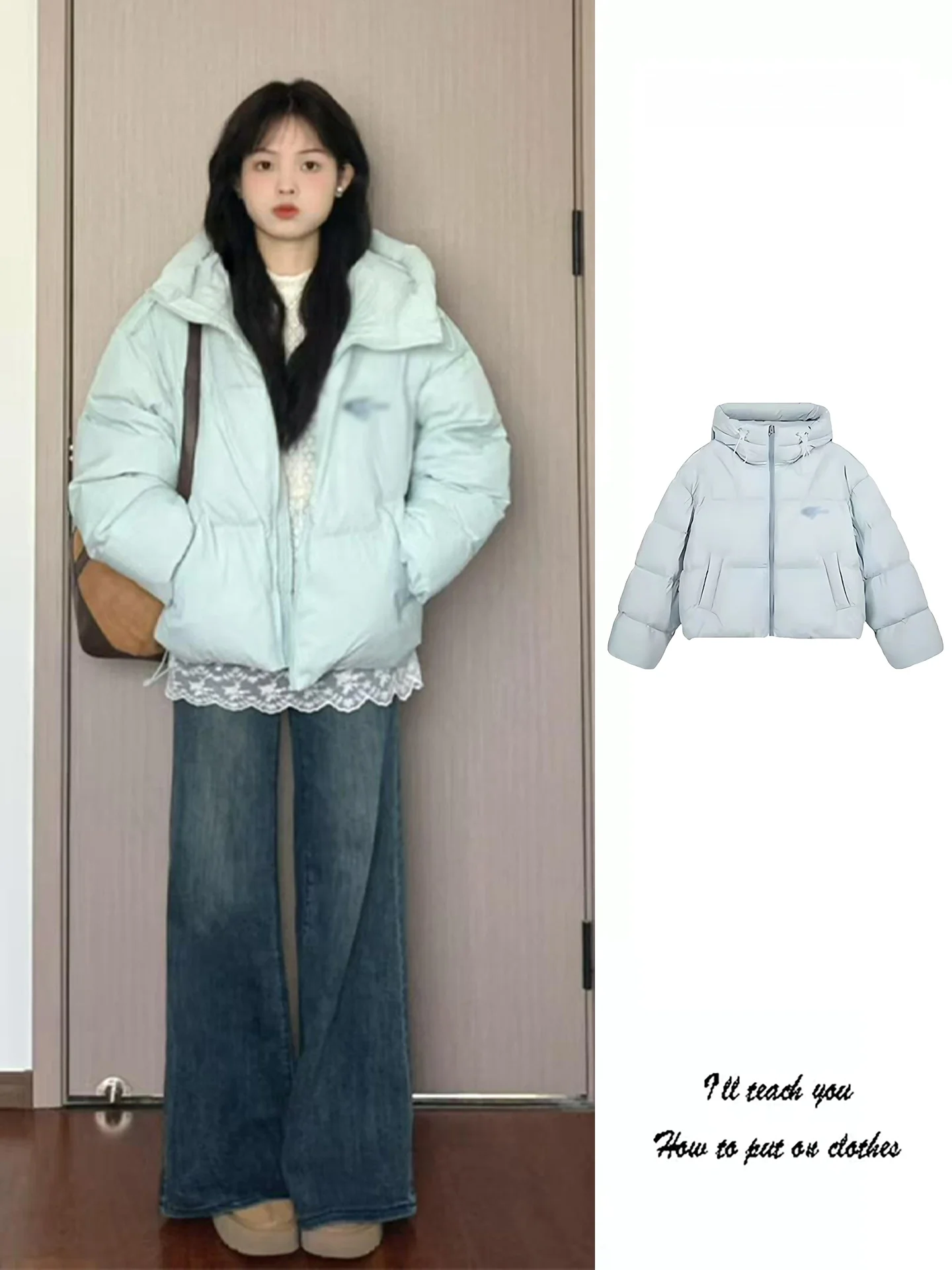 

Blue Hooded Soft Cotton Jaet Women's Winter Sweet Cute Small Size Embroidered Bread Sle Comfortable Korean Version Straig...