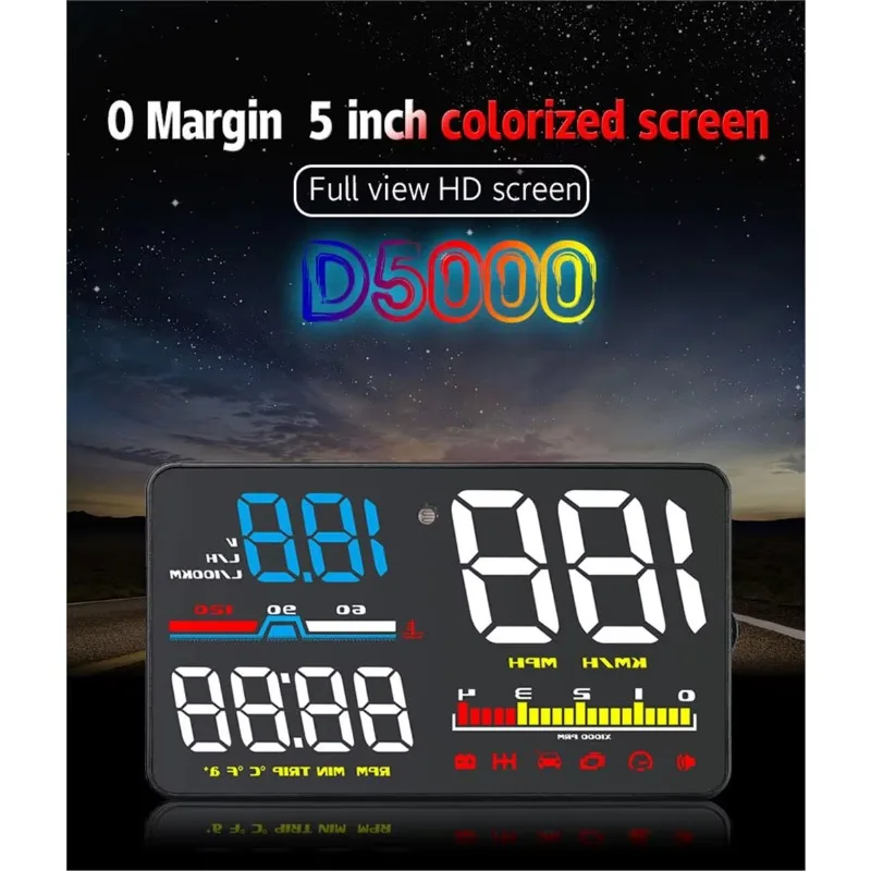 HUD D5000 OBD2 Head Up Display Car Speedometer Tachometer Windshield Projetor Overspeed Alarm LED Accessory Electronic Auto