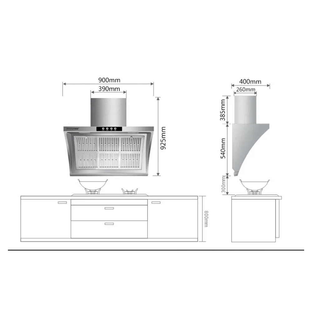 شفاط مطبخ منزلي ، شفاط حائط كبير ، فولاذ مقاوم للصدأ ، عادم دخان ، مصباح LED ، غطاء مطبخ