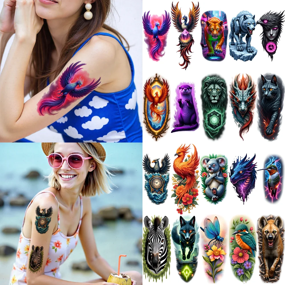 

12pcs Temporary Tattoo Phoenix Tattoo Waterproof Long-lasting Body Stickers Lion Tattoo Hummingbird Tattoo For Adults Thighs