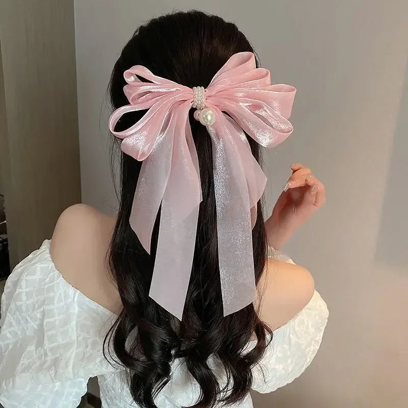 Fermaglio per capelli con fiocco di perle da donna grande bowknot macchia forcina mollette per ragazze tinta unita coda di cavallo clip accessori