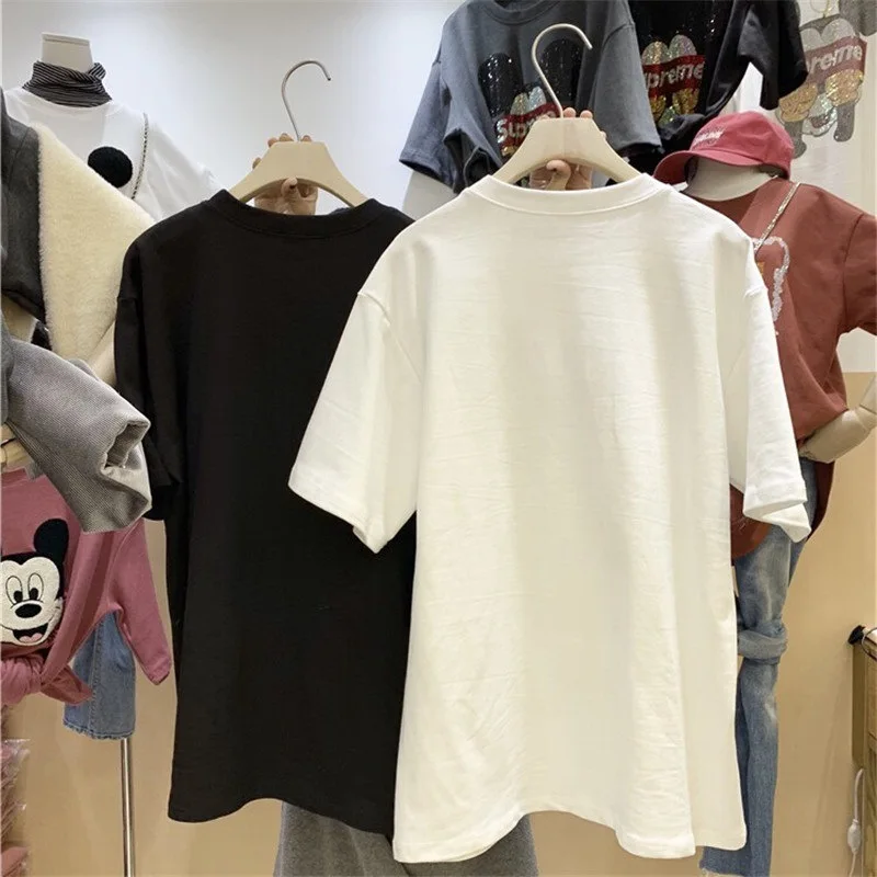 Cartoon Mickey Brand Design Hot drill Donna Girocollo Comodo T-shirt a mezza manica da donna Top di tendenza allentato Popolare in Corea