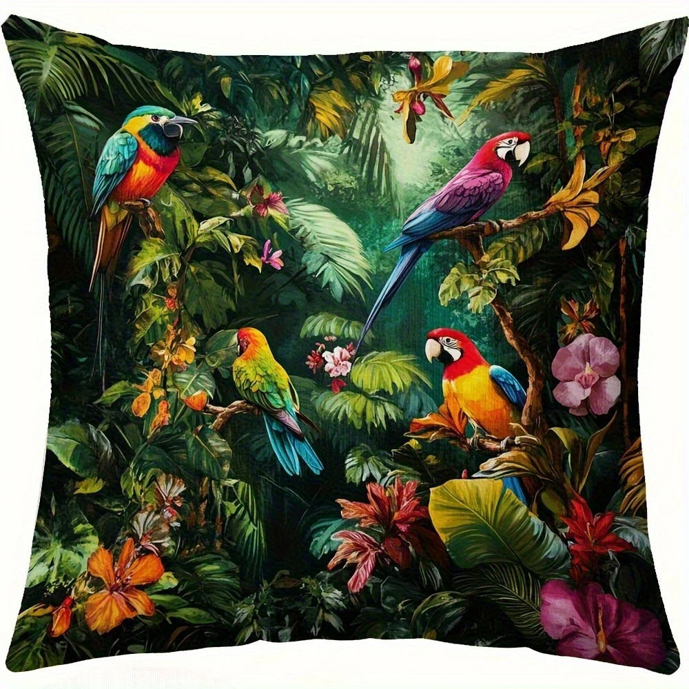 2D flat- Tropical Jungle Macaw Parrot Throw Pillow Cover Vibrant Rainforest Botanical Home Decor Cushion Case