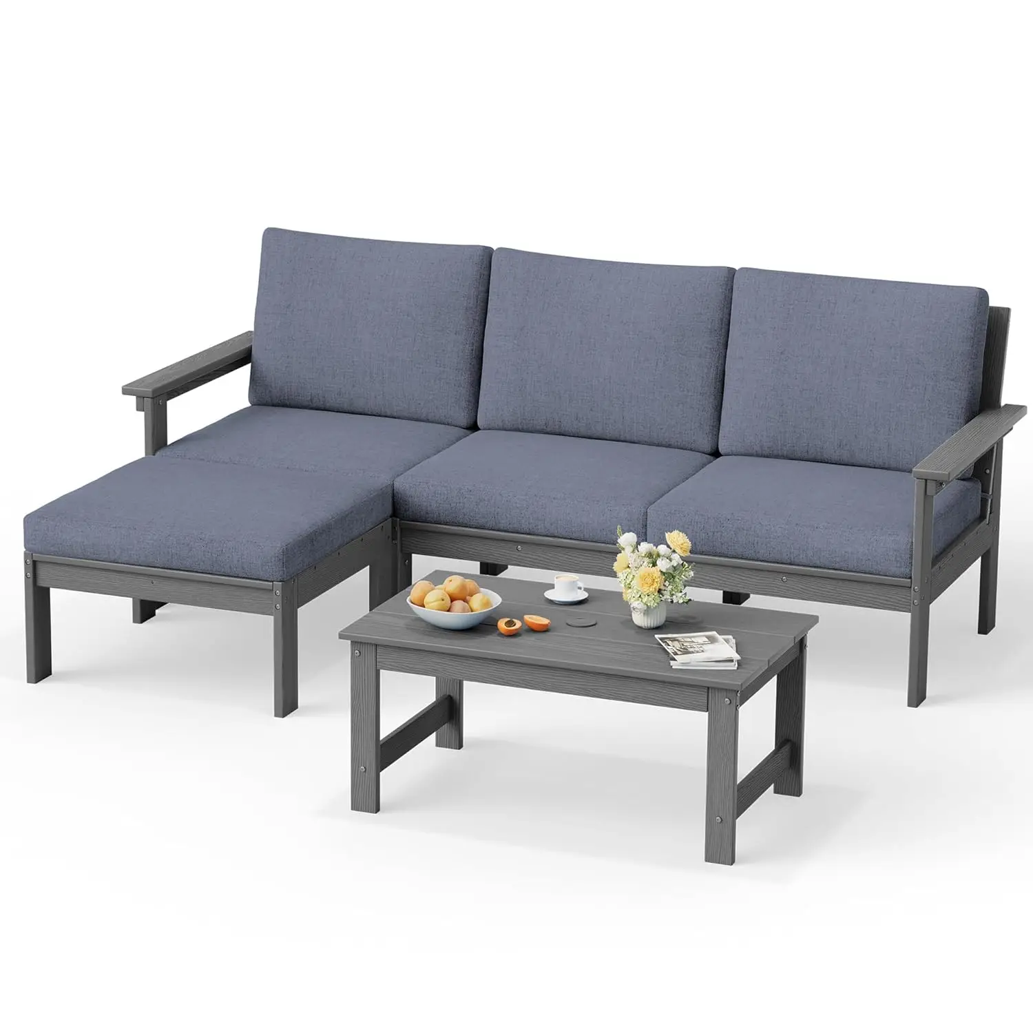 

Gray 5-Piece Sectional Sofa Set All-Weather PE Rattan Ottoman Chaise Cushioned Patio Lawn Deck Custom