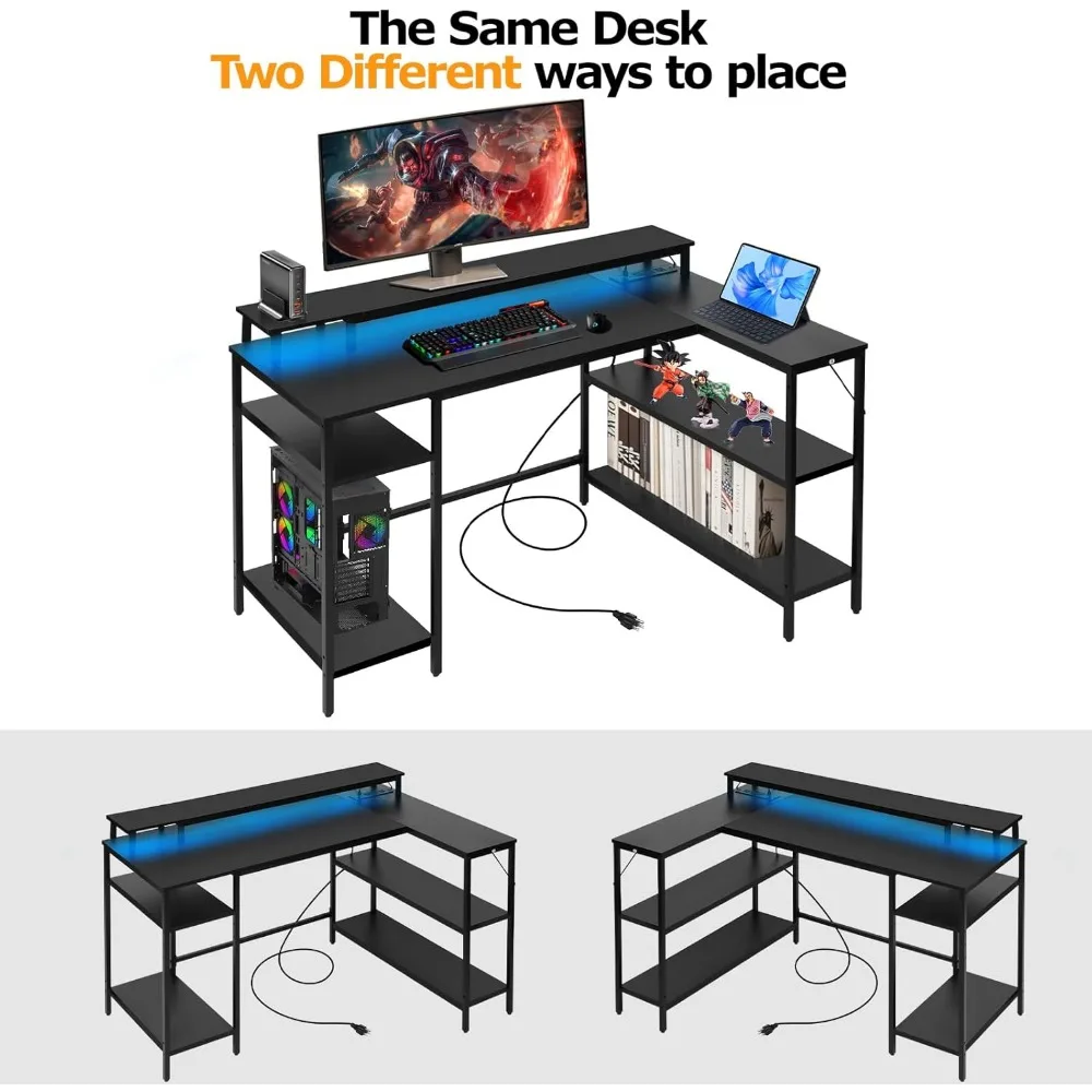 L-shaped Gaming Table with LED Lights and Power Sockets, Reversible Computer Desk with Stand and Shelf, and USB Charging Port