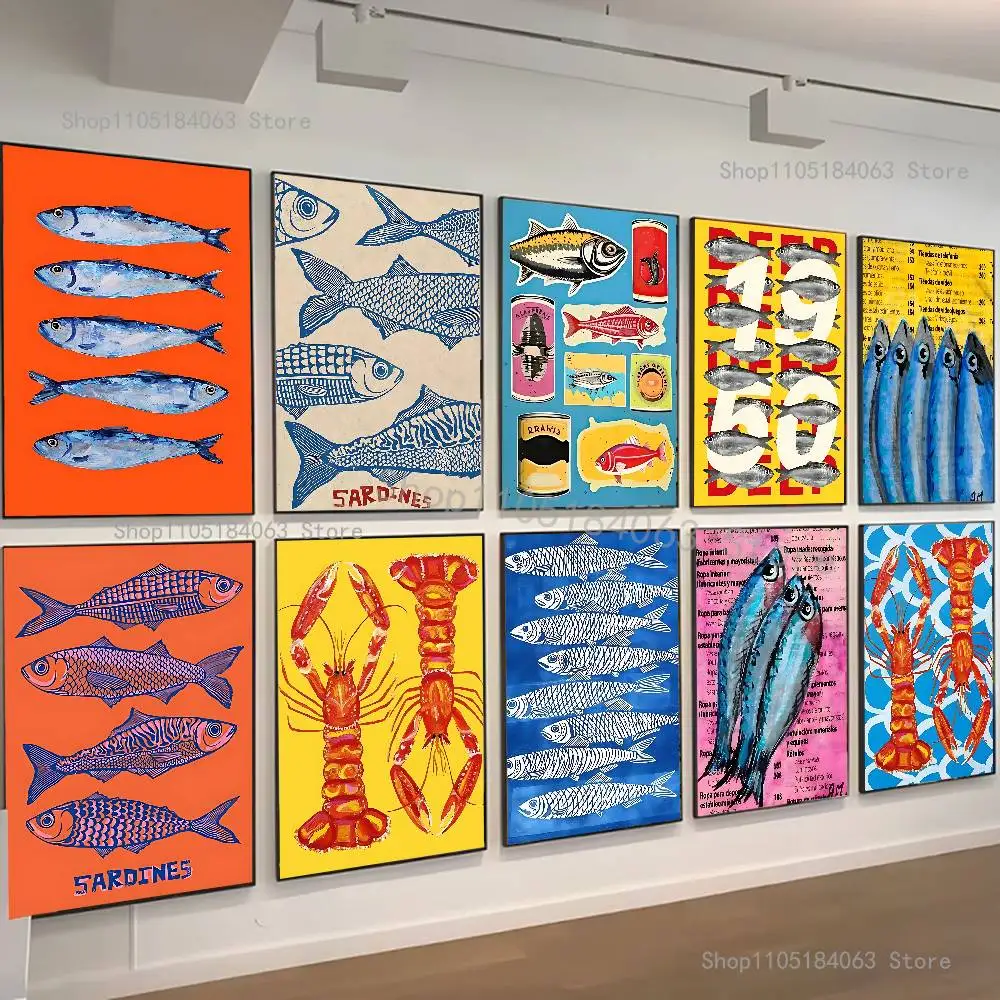 

Colorful Sardine Lobster Fish Poster HD Art Sticky Wall Waterproof Home Living Room Bedroom Bar Aesthetic Decoration