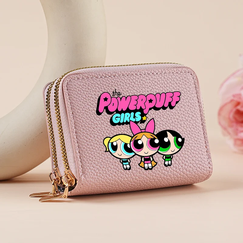 The Powerpuff Girls Münzgeldbörse, Kawaii Cartoon Litchi PU-Ledertasche, Damenmode, lässig, tragbar, Geldbörse mit mehreren Kartenfächern, Geschenk
