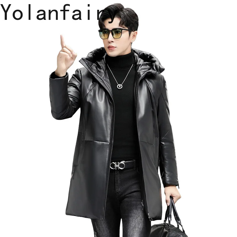 YOLANFAIRY Sheepskin Real Leather Jackets Mid-length Thickened Plush Mens Down Jacket Winter Clothes Black Trench Coat for Men