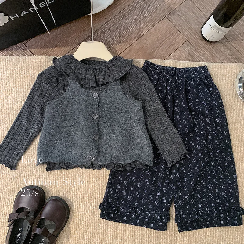

Girls' Knitted Vest Autumn Children's Clothing Lace Doll Collar Top Base Coat Wide Leg Pants Three Piece Set
