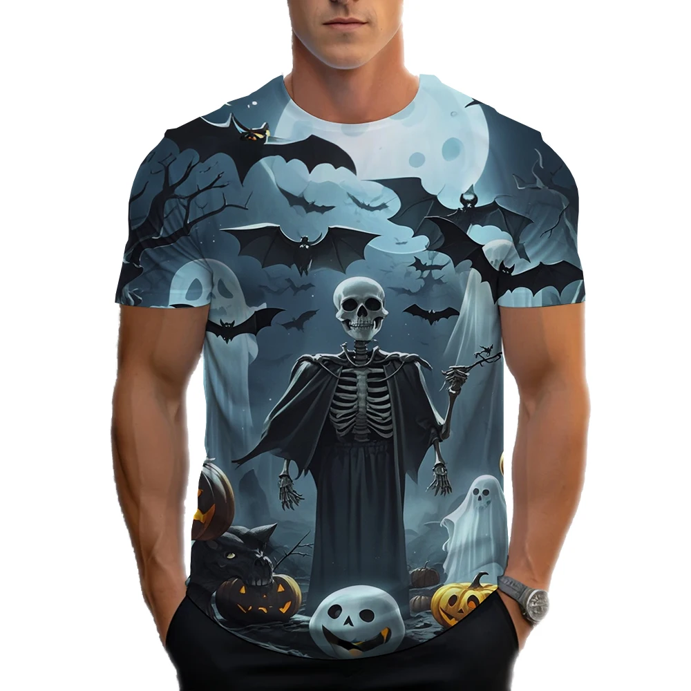 Halloween Skeleton T-Shirts, Bats, Mists, Pumpkins, tombstones, ghosts, Casual Short Sleeves, 3D Full Print, Funny