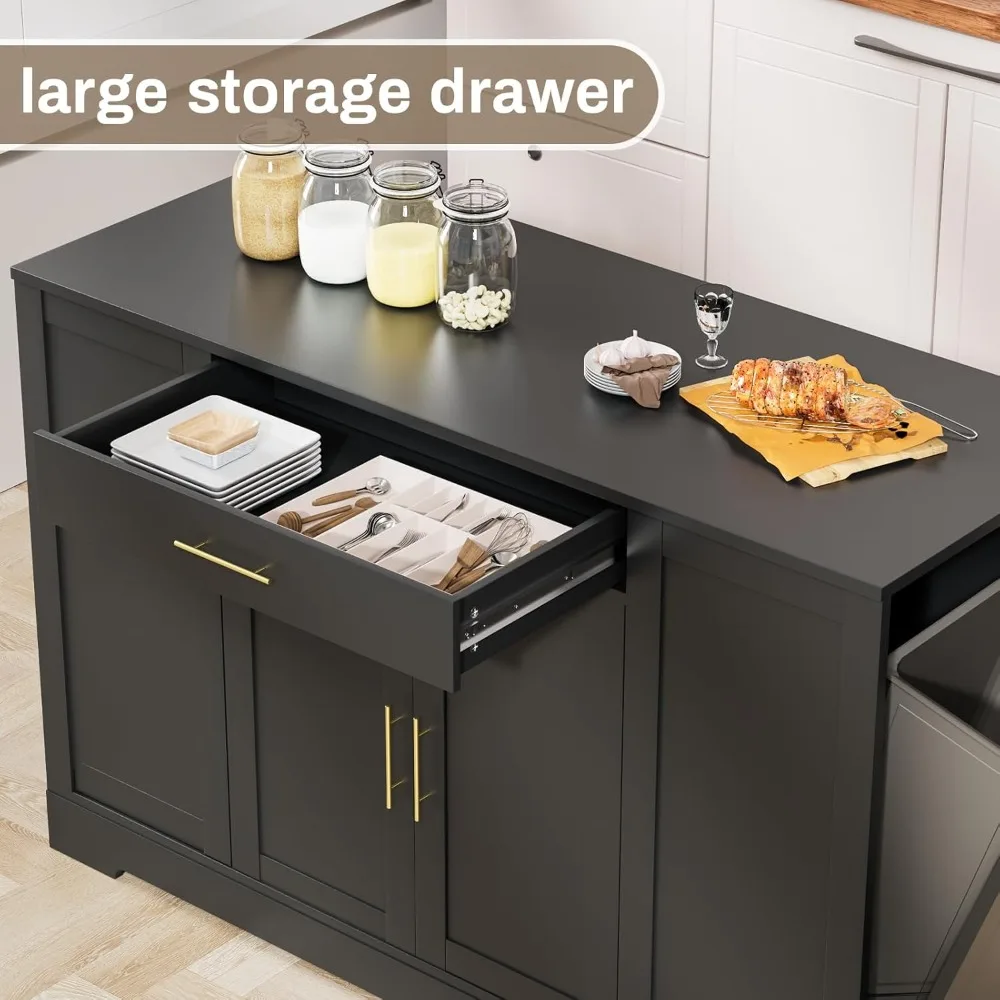 ชุดครัวแบบเกาะกลาง 53 พร้อมที่เก็บของ, รถเข็นครัวพร้อมที่ใส่ถังขยะแบบเอียงได้และท็อปไม้เนื้อแข็ง, โต๊ะอาหารเช้าพร้อมชั้นวางด้านข้าง 3 ชั้น