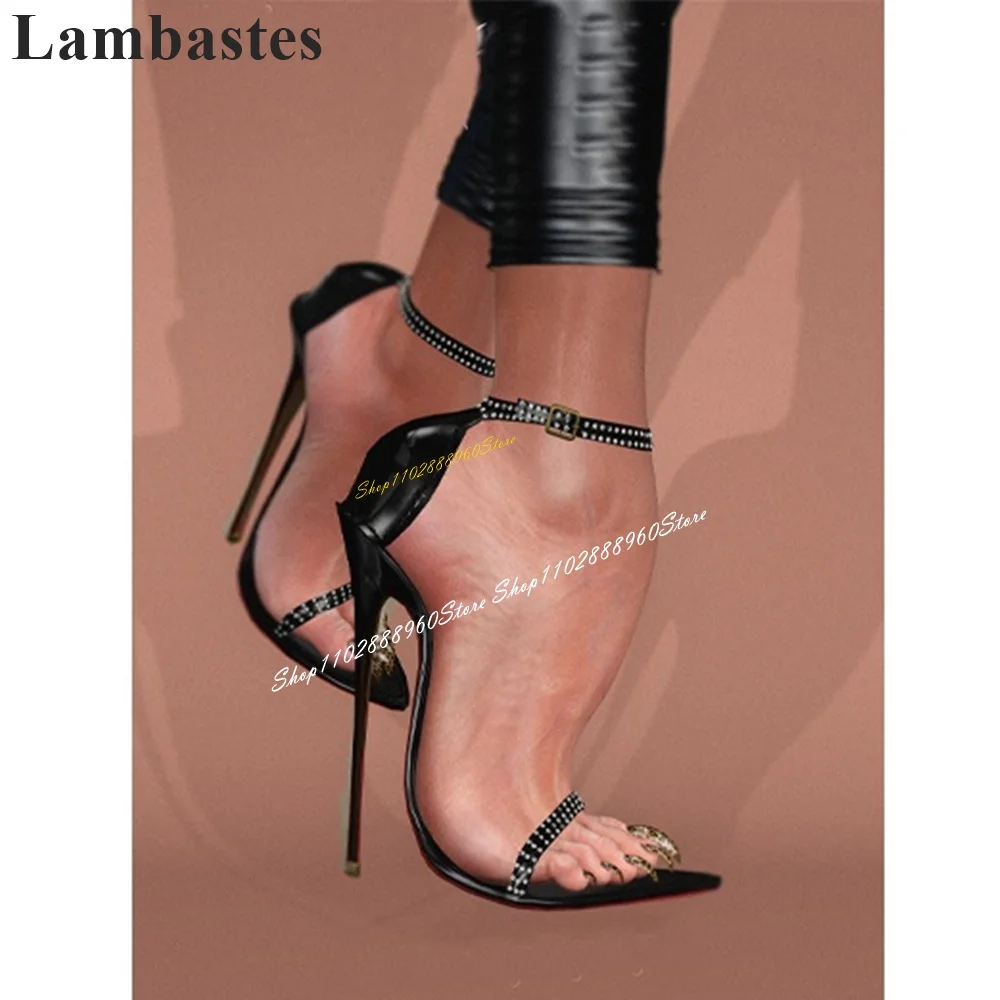 Trendy Black Narrow Crystal Strap Shallow Sandals Thin High Heel Women Shoes Ankle Buckle Strap Open Toe 2024 Zapatillas Mujer