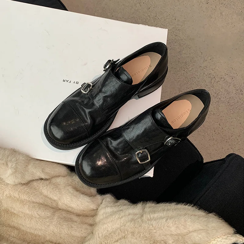 

Retro Style Grape Skin Texture Mary Jane Shoes for Women with Double Buckles round Head Thick Heel British Style Footwear