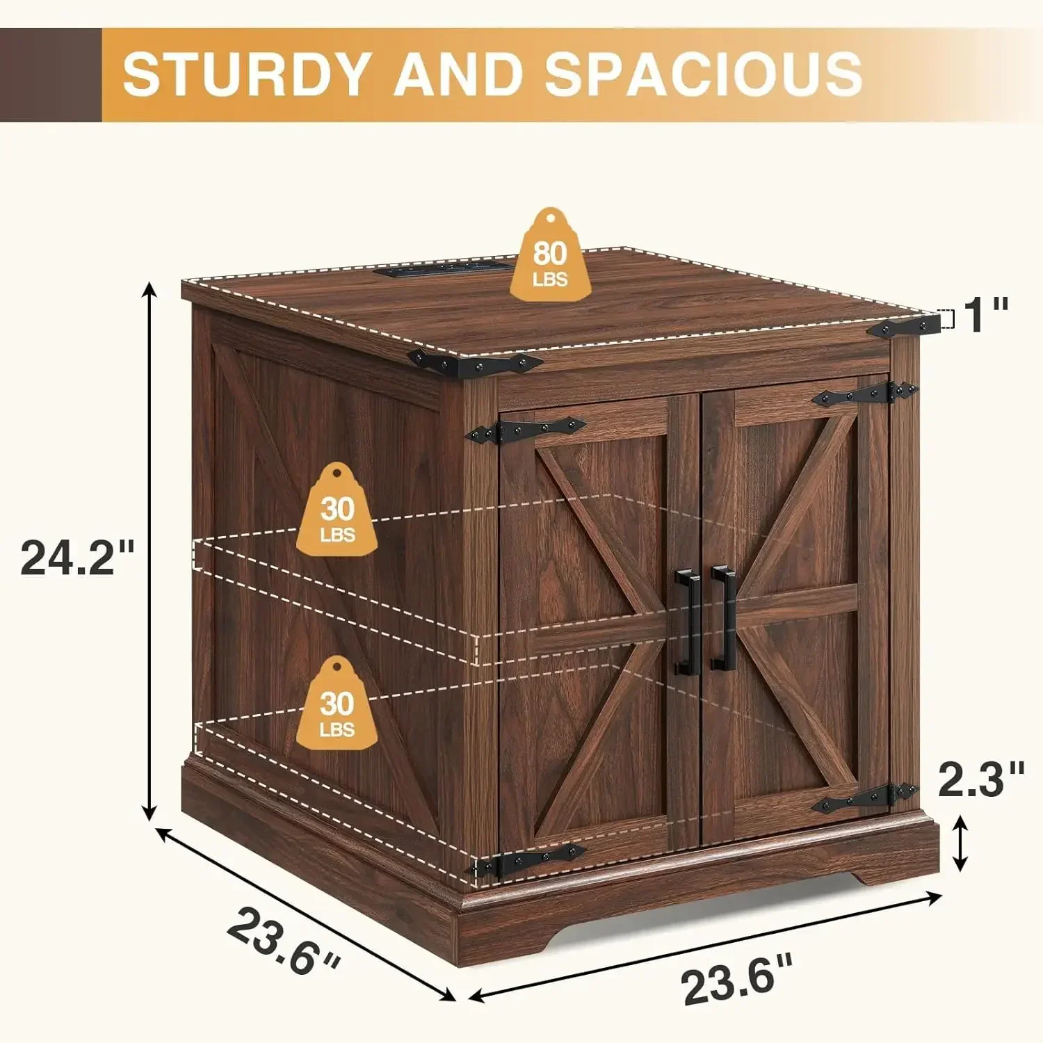 Farmhouse End Table Large Charging Station Sofa Side Table Barn Door Rustic Wood Nightstand Bedside Table Adjustable Storage She