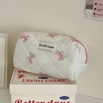 Estuche de lápices coreano elegante para niña, bolsa de lápices con lazo de Color blanco, dulce simplicidad, bolsa de papelería suave de alta capacidad para estudiante, 1 unidad