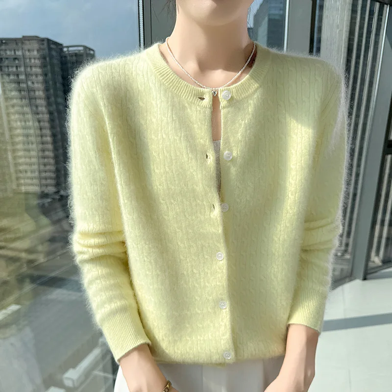 

New cardigan women's 100% mink cashmere O-neck long sleeved knitted versatile simple women's full sleeved Multiple colors availa