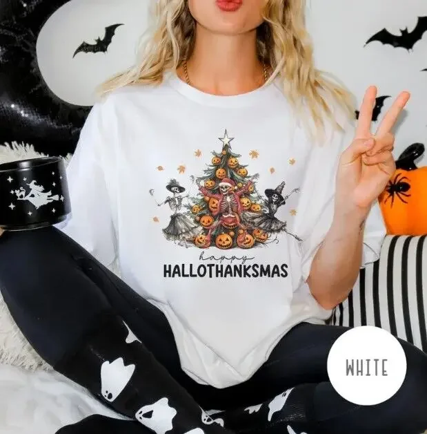 Happy Hallothanksmas Shirt, Festive Dancing Skeletons T Shirt, Holiday Season