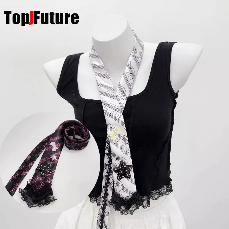 Women Men Steampunk Pre-Tied Tie Piano Note Lace Star Punk Y2K Girl Couple Gothic Lazy Versatile JK Tie Adjustable Cross Dark