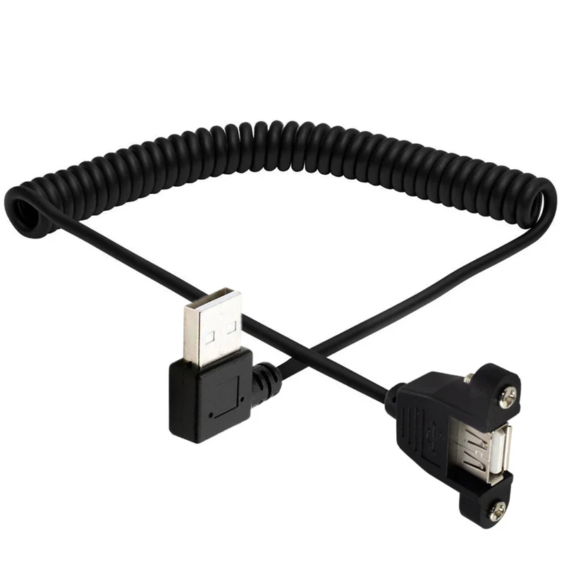 USB 2.0 A Female Panel Mount to Up & Down & Left & Right Angled A Male Extension Coiled Spiral Cable